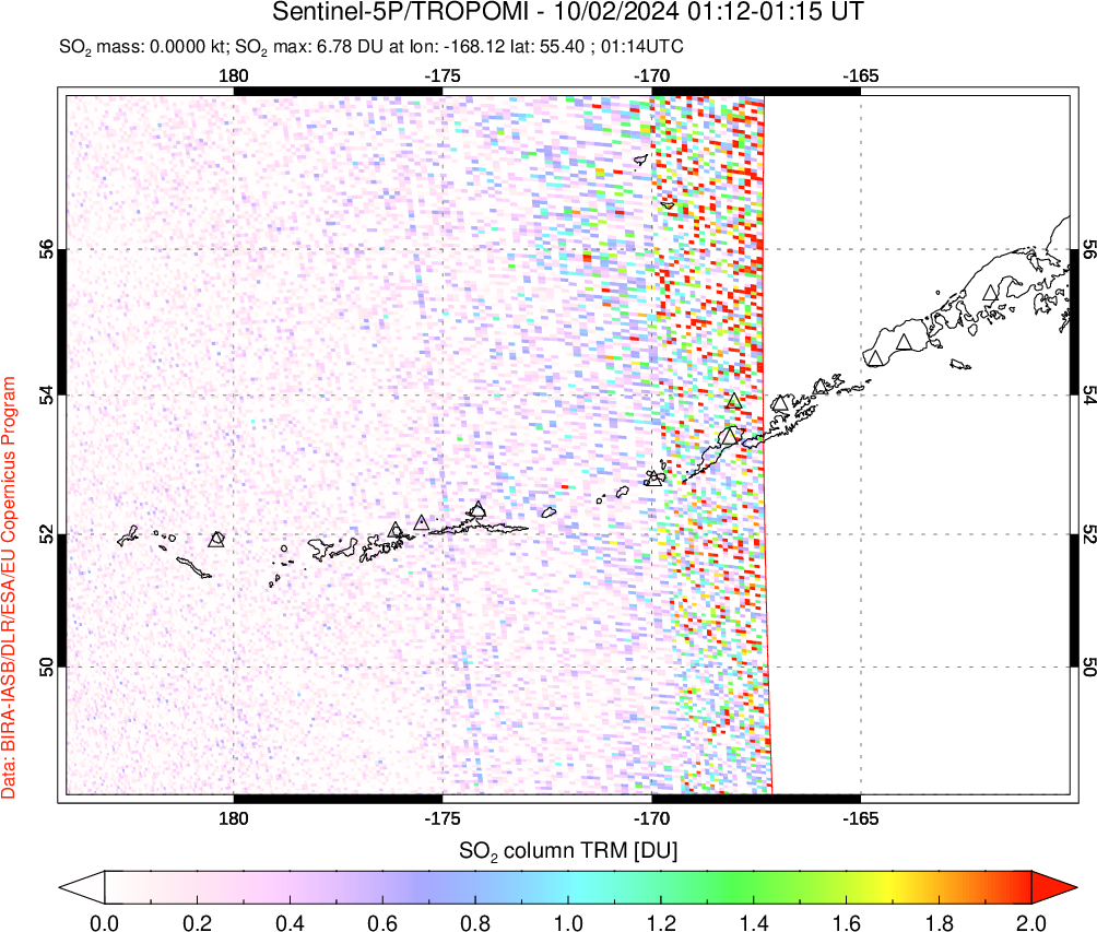 A sulfur dioxide image over Aleutian Islands, Alaska, USA on Oct 02, 2024.