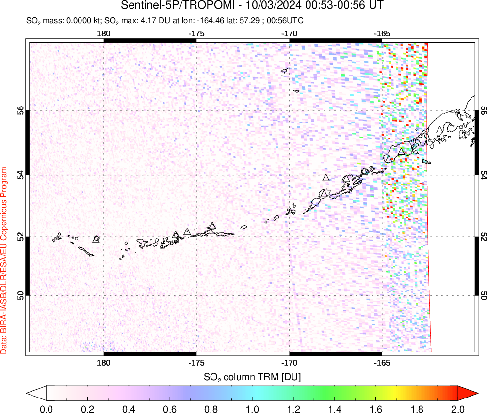 A sulfur dioxide image over Aleutian Islands, Alaska, USA on Oct 03, 2024.