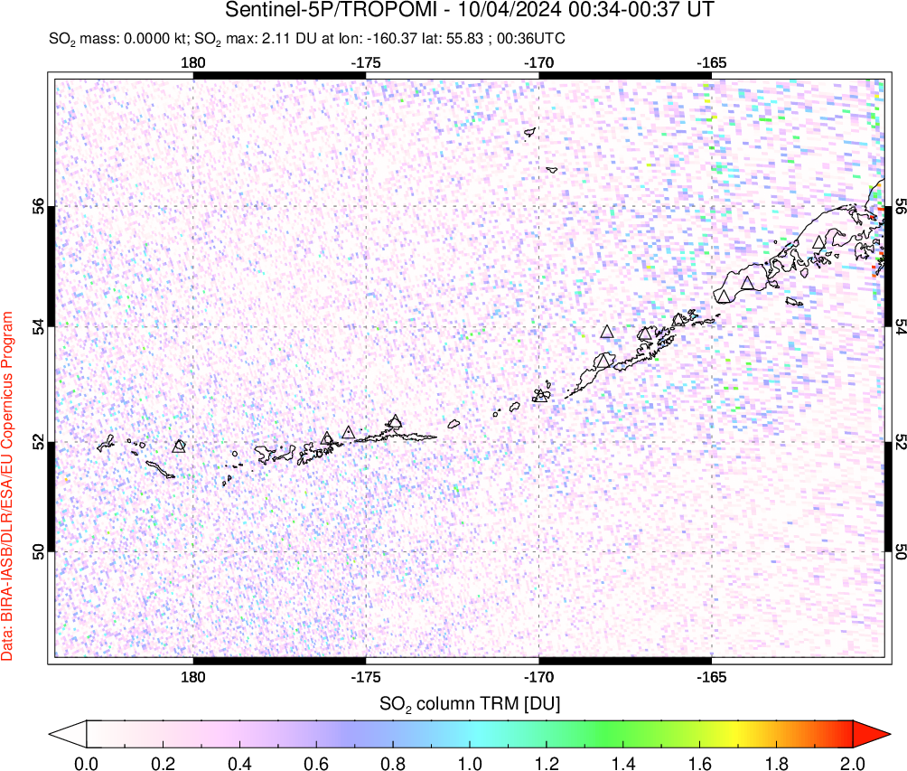 A sulfur dioxide image over Aleutian Islands, Alaska, USA on Oct 04, 2024.