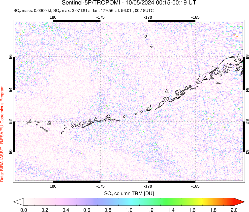 A sulfur dioxide image over Aleutian Islands, Alaska, USA on Oct 05, 2024.