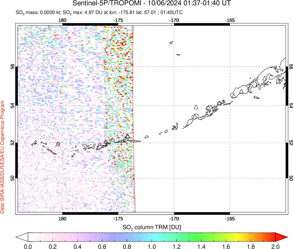 A sulfur dioxide image over Aleutian Islands, Alaska, USA on Oct 06, 2024.