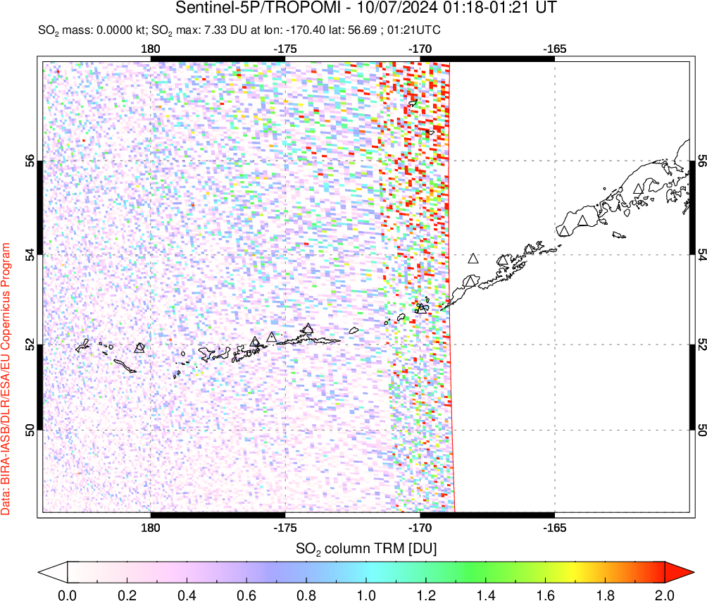 A sulfur dioxide image over Aleutian Islands, Alaska, USA on Oct 07, 2024.