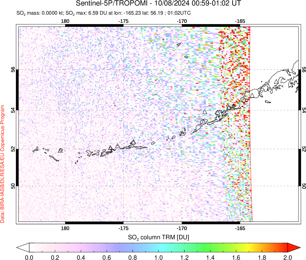 A sulfur dioxide image over Aleutian Islands, Alaska, USA on Oct 08, 2024.