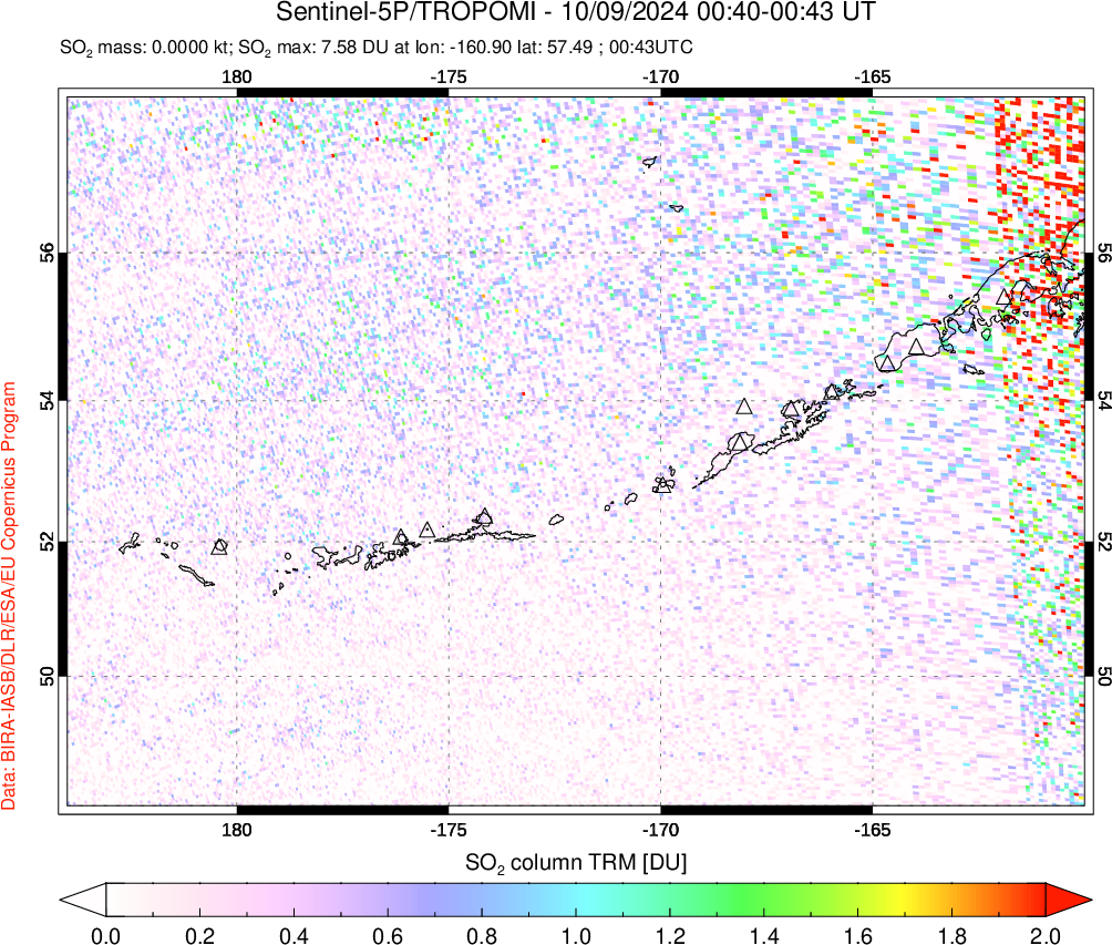 A sulfur dioxide image over Aleutian Islands, Alaska, USA on Oct 09, 2024.