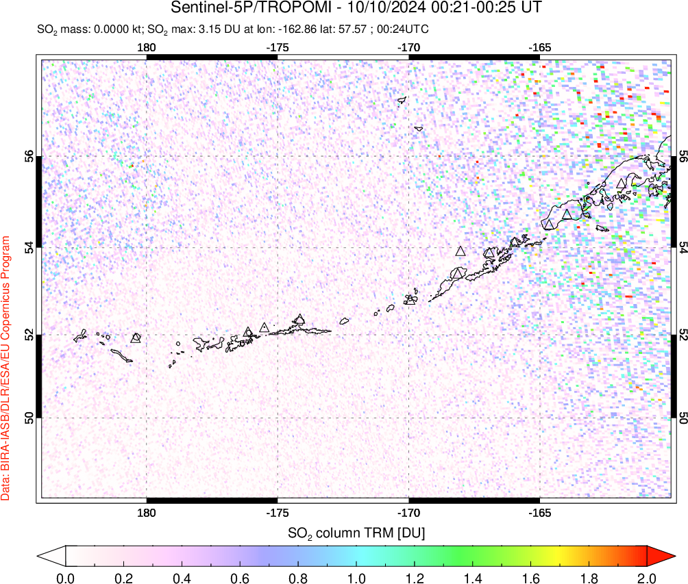 A sulfur dioxide image over Aleutian Islands, Alaska, USA on Oct 10, 2024.