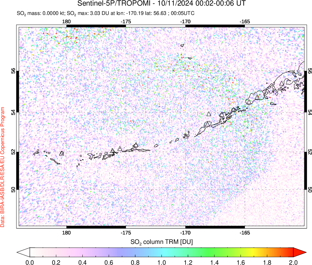 A sulfur dioxide image over Aleutian Islands, Alaska, USA on Oct 11, 2024.