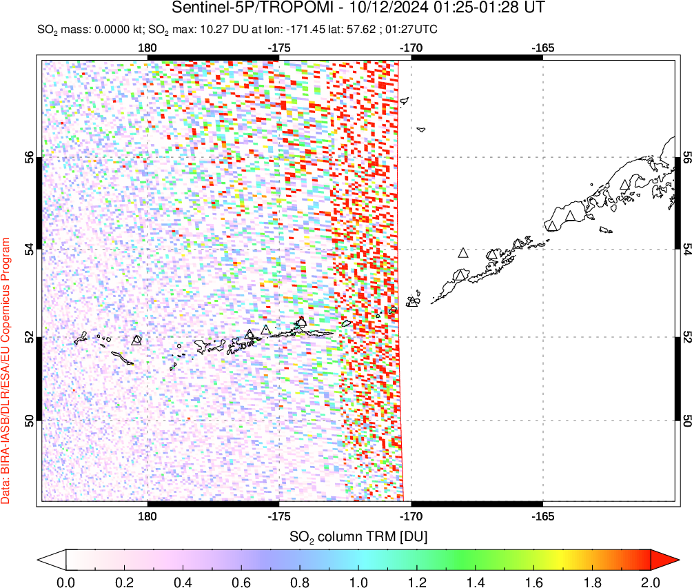 A sulfur dioxide image over Aleutian Islands, Alaska, USA on Oct 12, 2024.