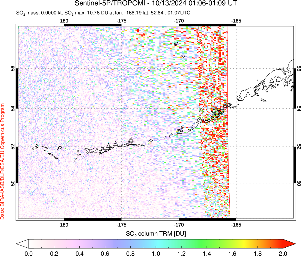 A sulfur dioxide image over Aleutian Islands, Alaska, USA on Oct 13, 2024.