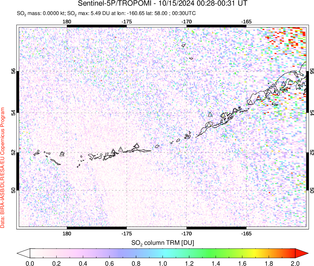 A sulfur dioxide image over Aleutian Islands, Alaska, USA on Oct 15, 2024.