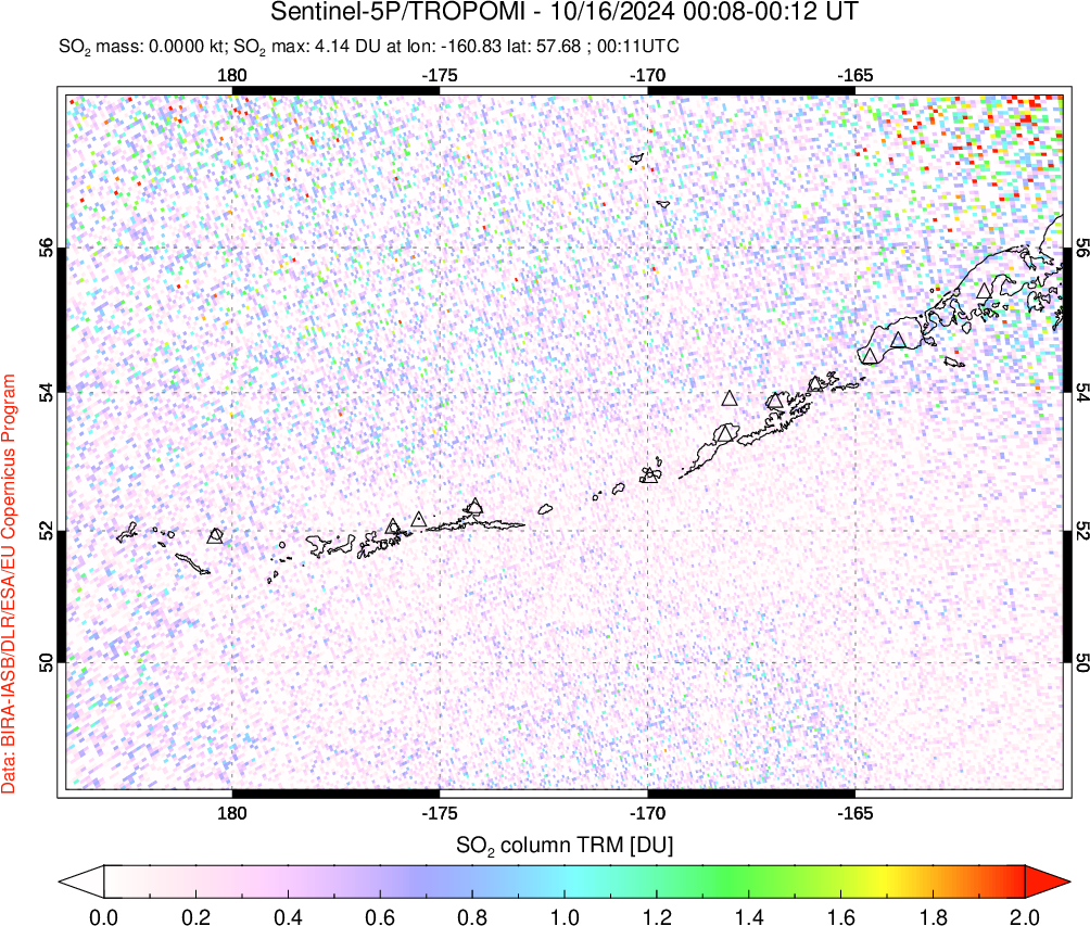 A sulfur dioxide image over Aleutian Islands, Alaska, USA on Oct 16, 2024.