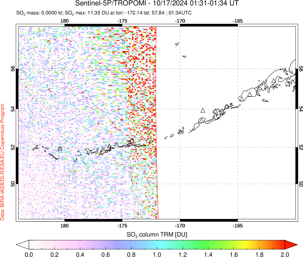 A sulfur dioxide image over Aleutian Islands, Alaska, USA on Oct 17, 2024.