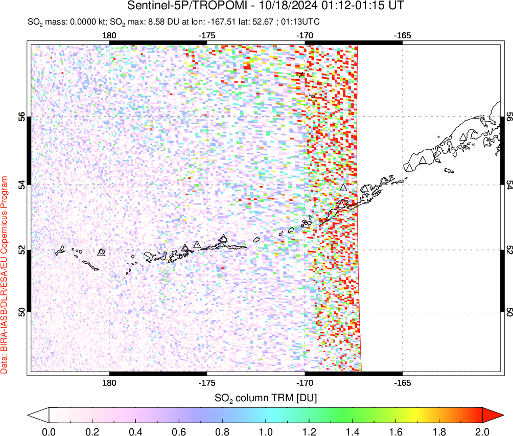 A sulfur dioxide image over Aleutian Islands, Alaska, USA on Oct 18, 2024.