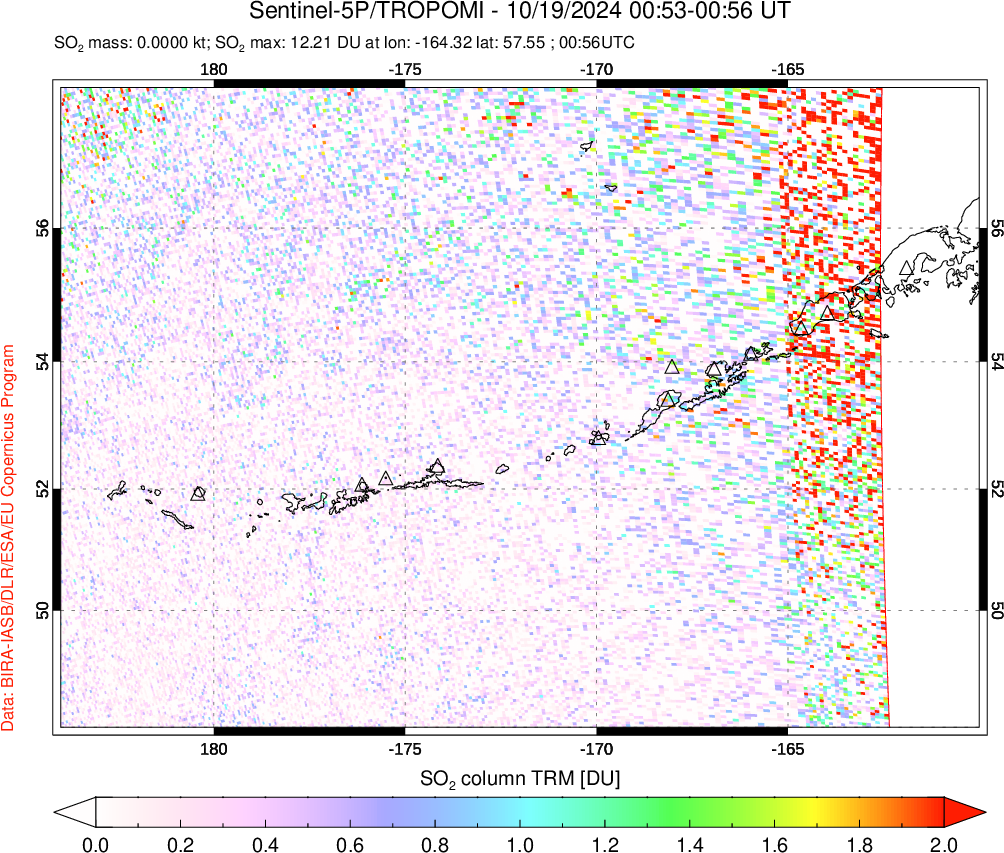 A sulfur dioxide image over Aleutian Islands, Alaska, USA on Oct 19, 2024.