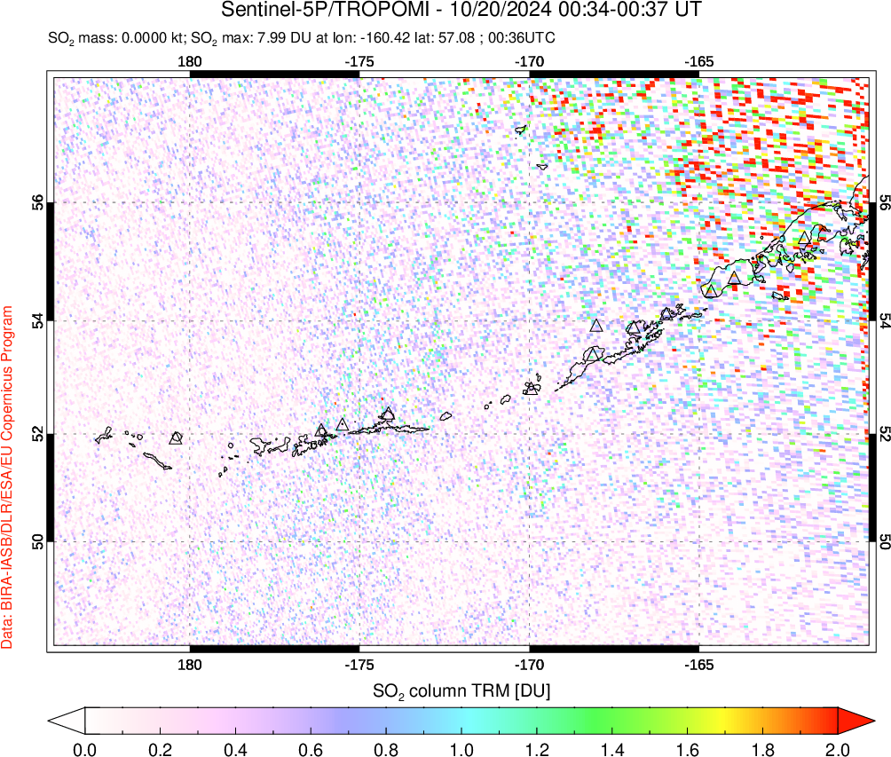 A sulfur dioxide image over Aleutian Islands, Alaska, USA on Oct 20, 2024.