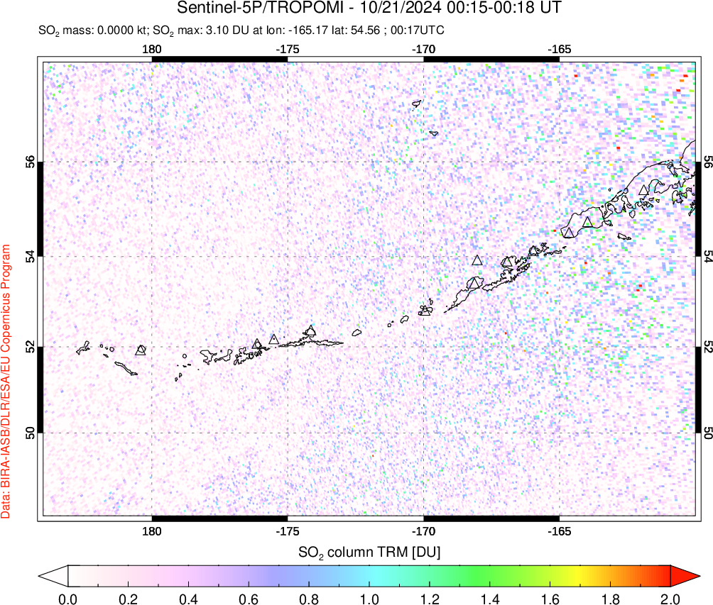 A sulfur dioxide image over Aleutian Islands, Alaska, USA on Oct 21, 2024.