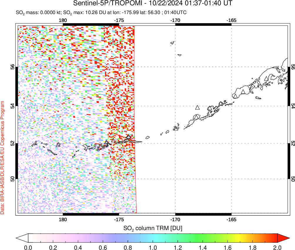 A sulfur dioxide image over Aleutian Islands, Alaska, USA on Oct 22, 2024.