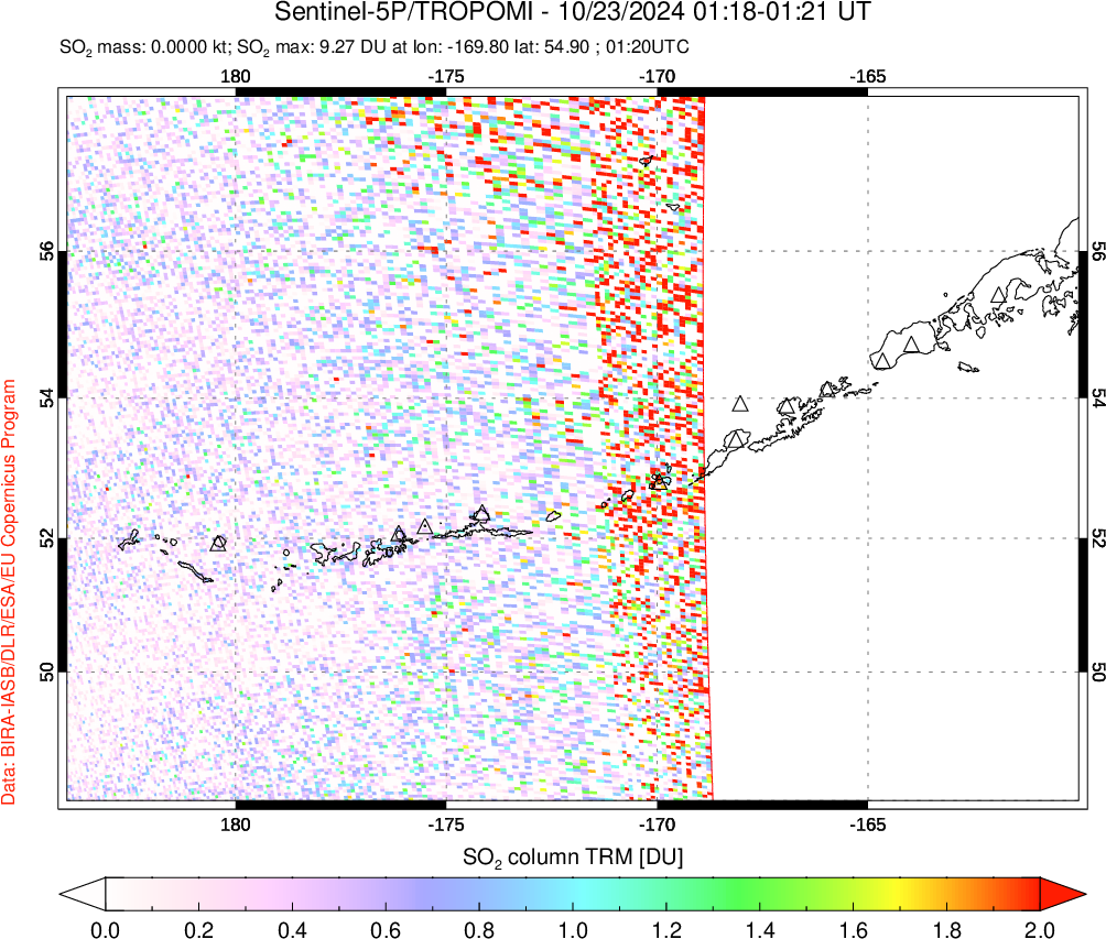 A sulfur dioxide image over Aleutian Islands, Alaska, USA on Oct 23, 2024.