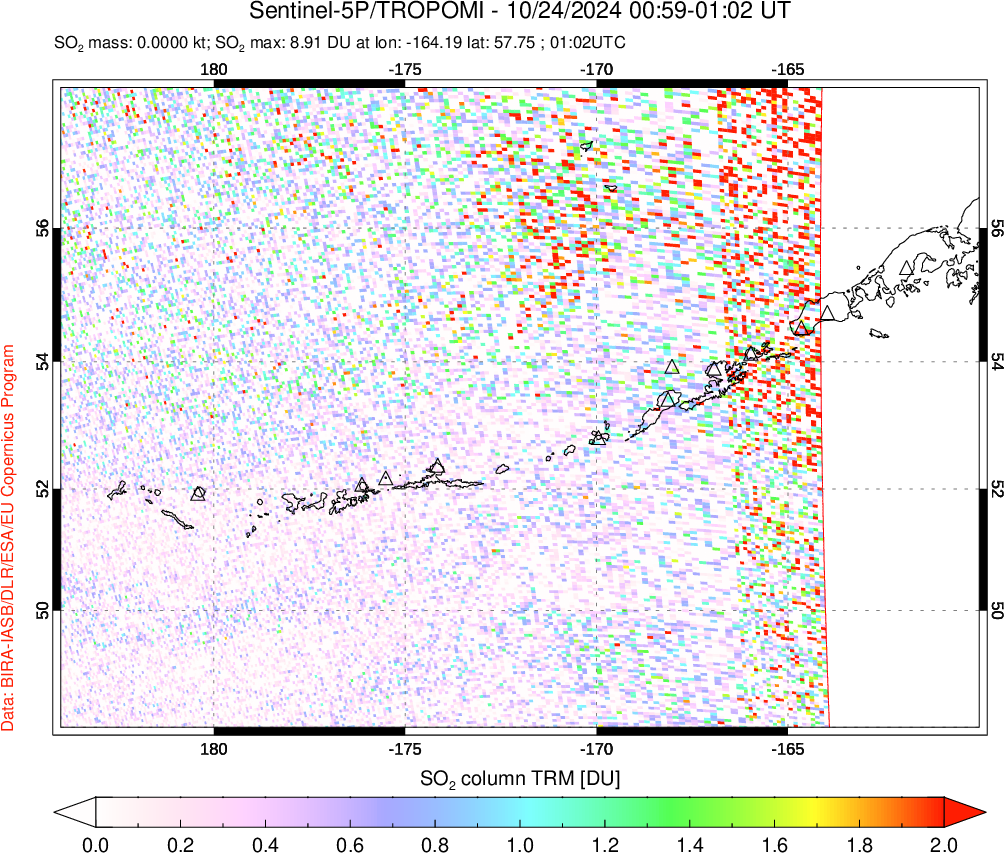 A sulfur dioxide image over Aleutian Islands, Alaska, USA on Oct 24, 2024.