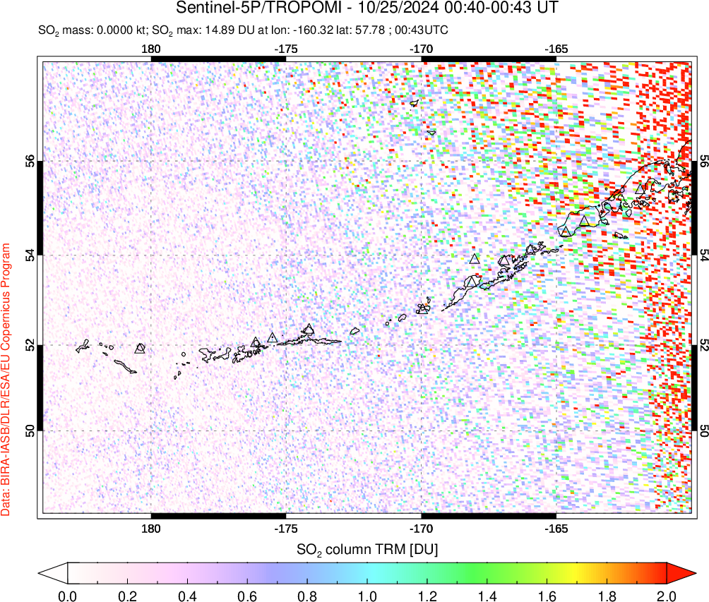 A sulfur dioxide image over Aleutian Islands, Alaska, USA on Oct 25, 2024.