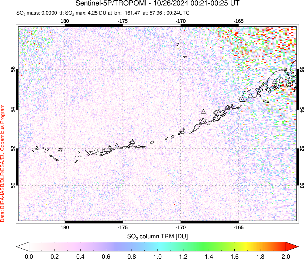 A sulfur dioxide image over Aleutian Islands, Alaska, USA on Oct 26, 2024.