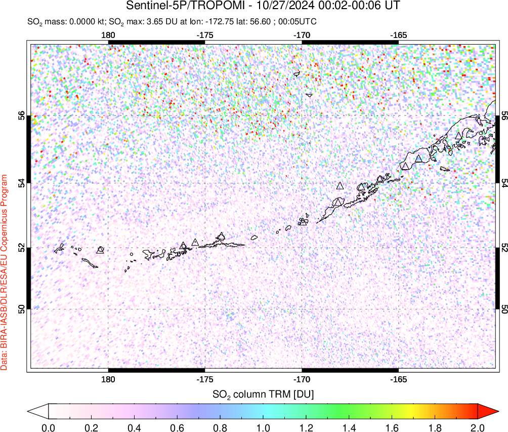 A sulfur dioxide image over Aleutian Islands, Alaska, USA on Oct 27, 2024.