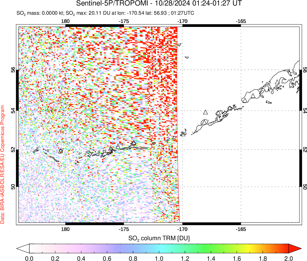 A sulfur dioxide image over Aleutian Islands, Alaska, USA on Oct 28, 2024.