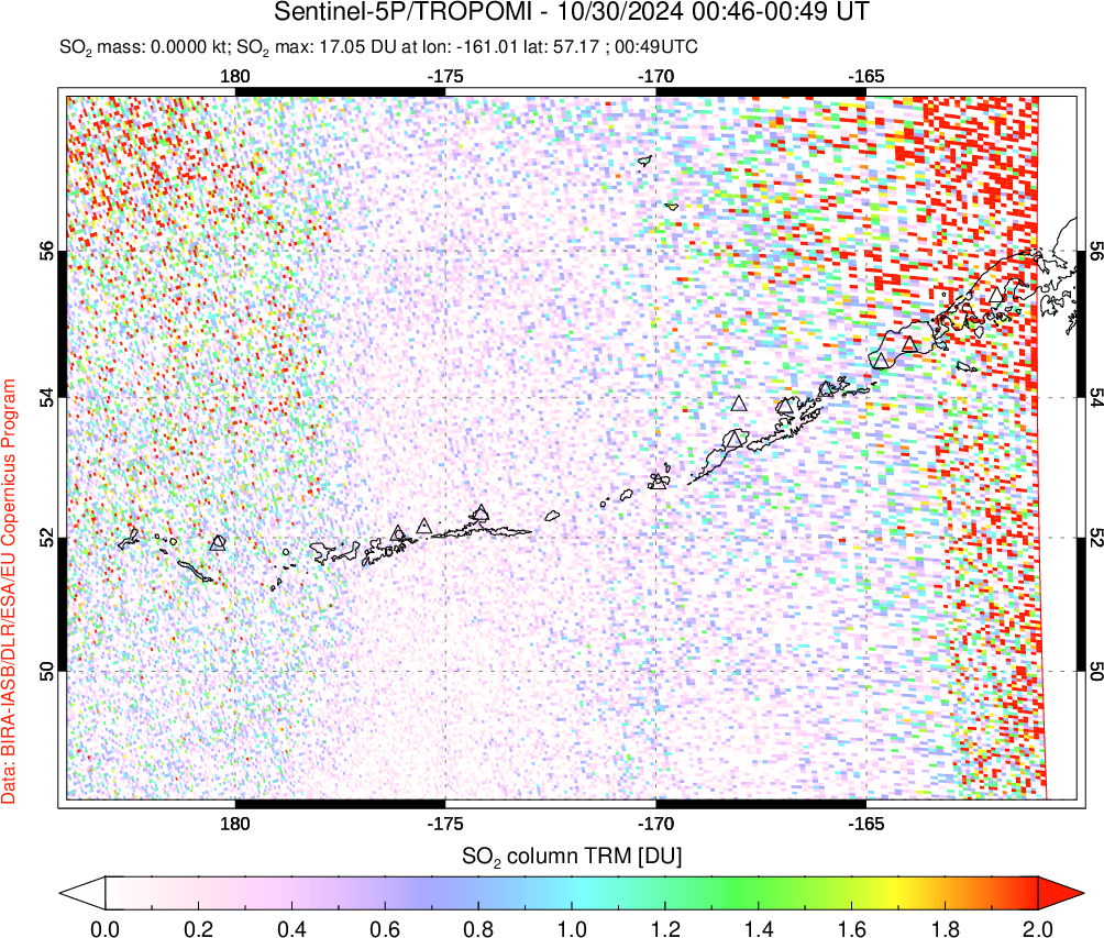 A sulfur dioxide image over Aleutian Islands, Alaska, USA on Oct 30, 2024.