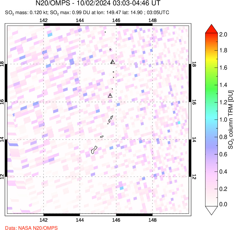 A sulfur dioxide image over Anatahan, Mariana Islands on Oct 02, 2024.