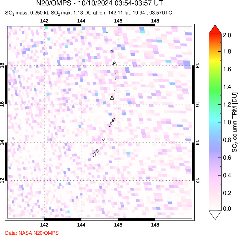 A sulfur dioxide image over Anatahan, Mariana Islands on Oct 10, 2024.