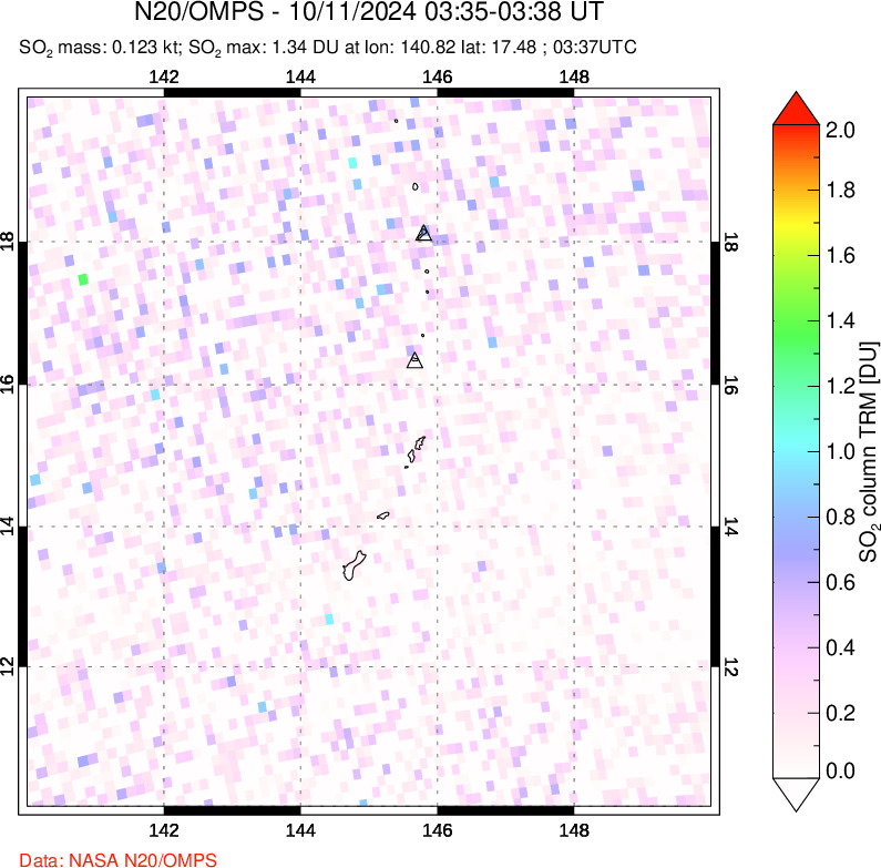 A sulfur dioxide image over Anatahan, Mariana Islands on Oct 11, 2024.