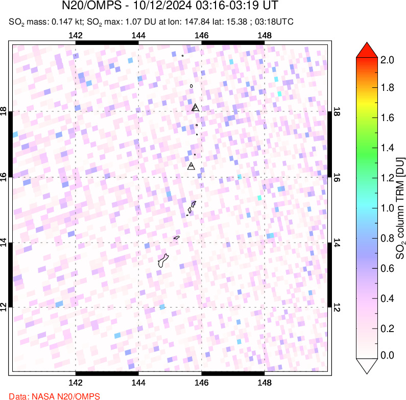 A sulfur dioxide image over Anatahan, Mariana Islands on Oct 12, 2024.