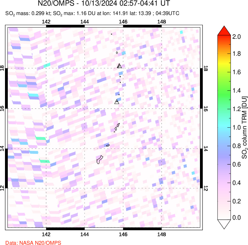 A sulfur dioxide image over Anatahan, Mariana Islands on Oct 13, 2024.