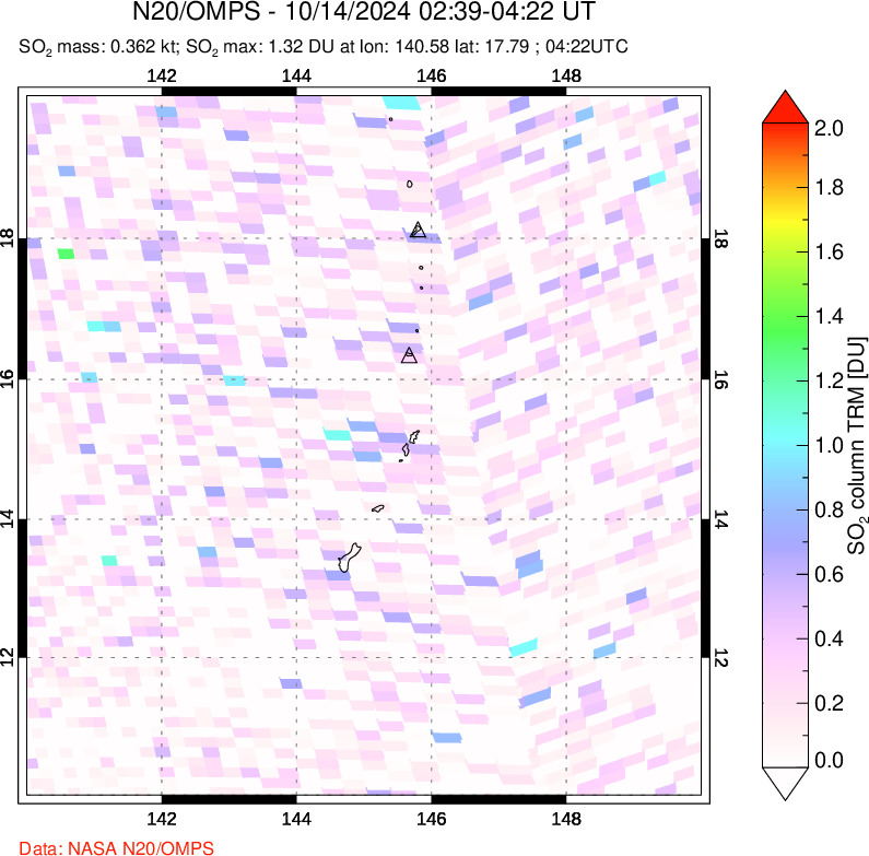 A sulfur dioxide image over Anatahan, Mariana Islands on Oct 14, 2024.