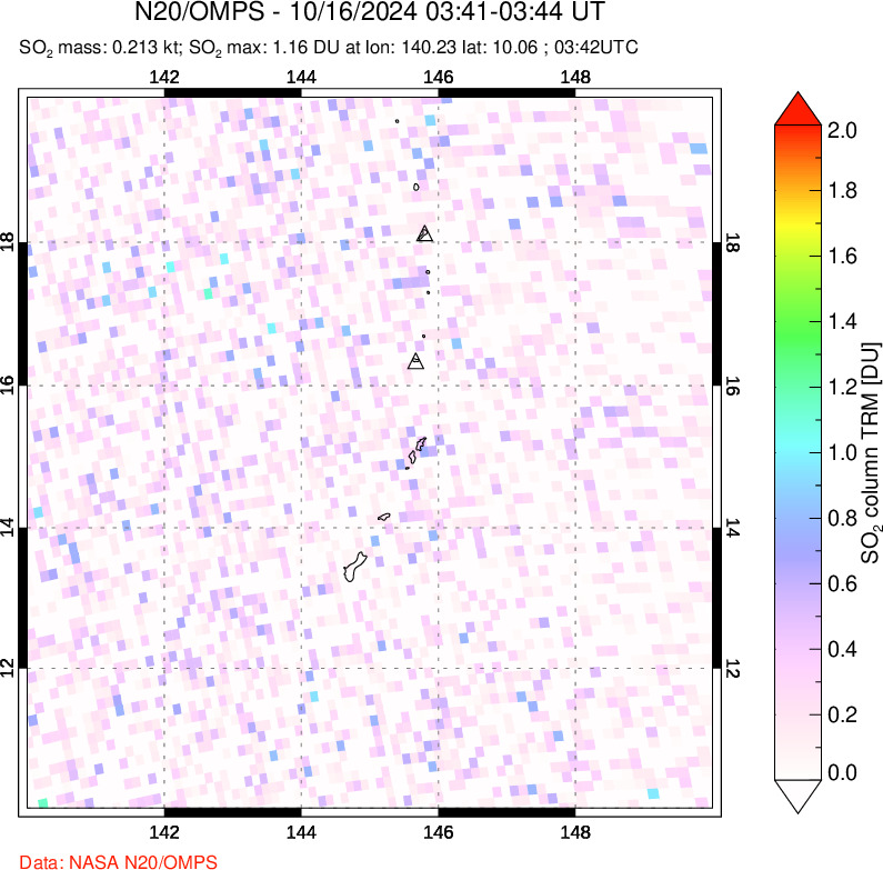 A sulfur dioxide image over Anatahan, Mariana Islands on Oct 16, 2024.