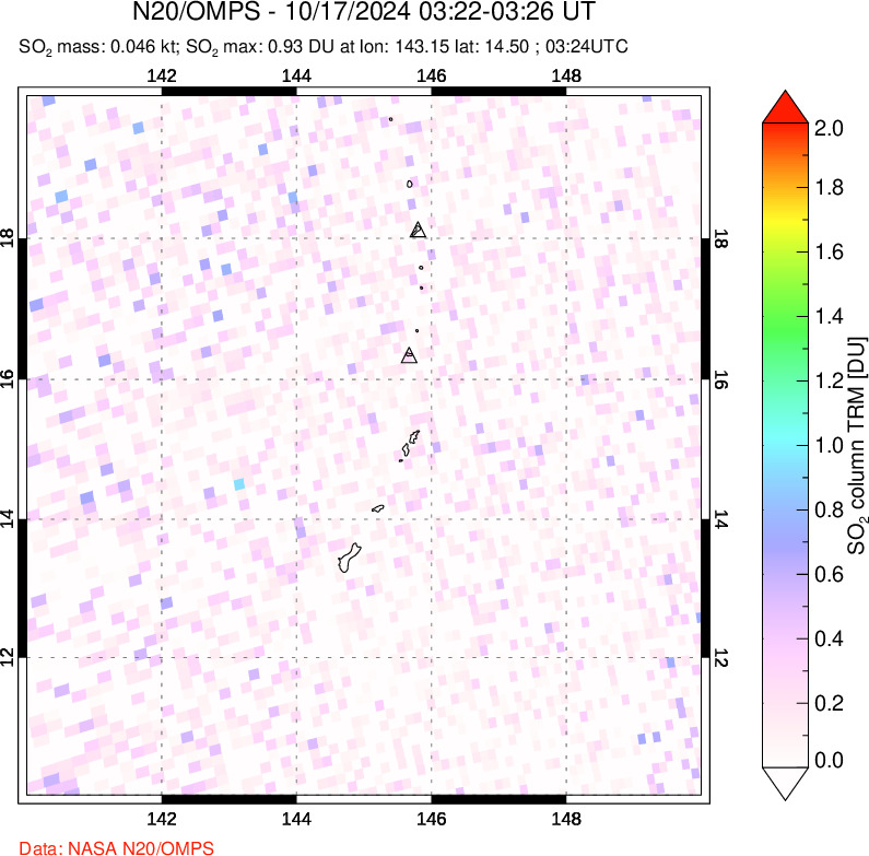 A sulfur dioxide image over Anatahan, Mariana Islands on Oct 17, 2024.