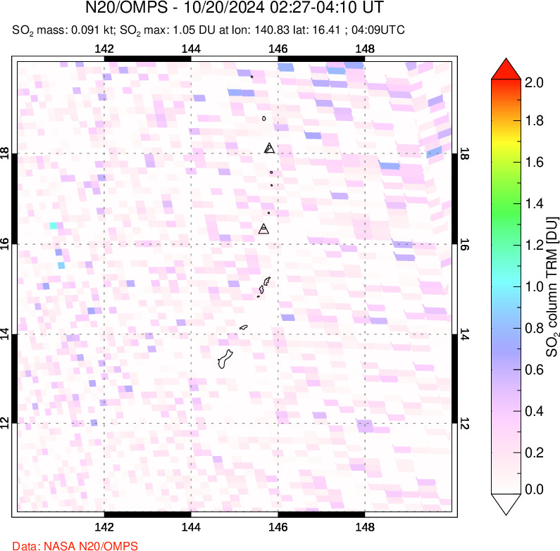 A sulfur dioxide image over Anatahan, Mariana Islands on Oct 20, 2024.