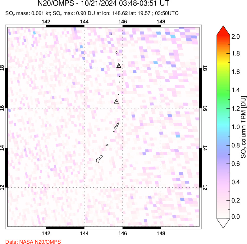 A sulfur dioxide image over Anatahan, Mariana Islands on Oct 21, 2024.