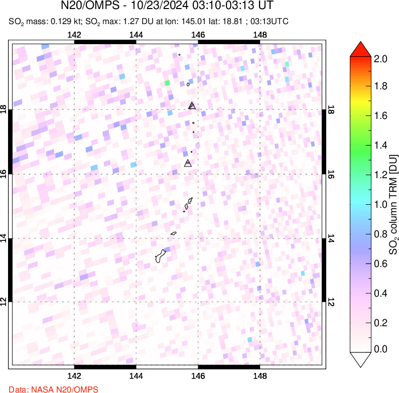 A sulfur dioxide image over Anatahan, Mariana Islands on Oct 23, 2024.