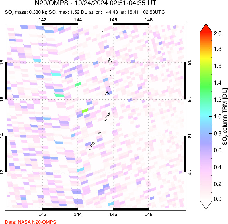 A sulfur dioxide image over Anatahan, Mariana Islands on Oct 24, 2024.