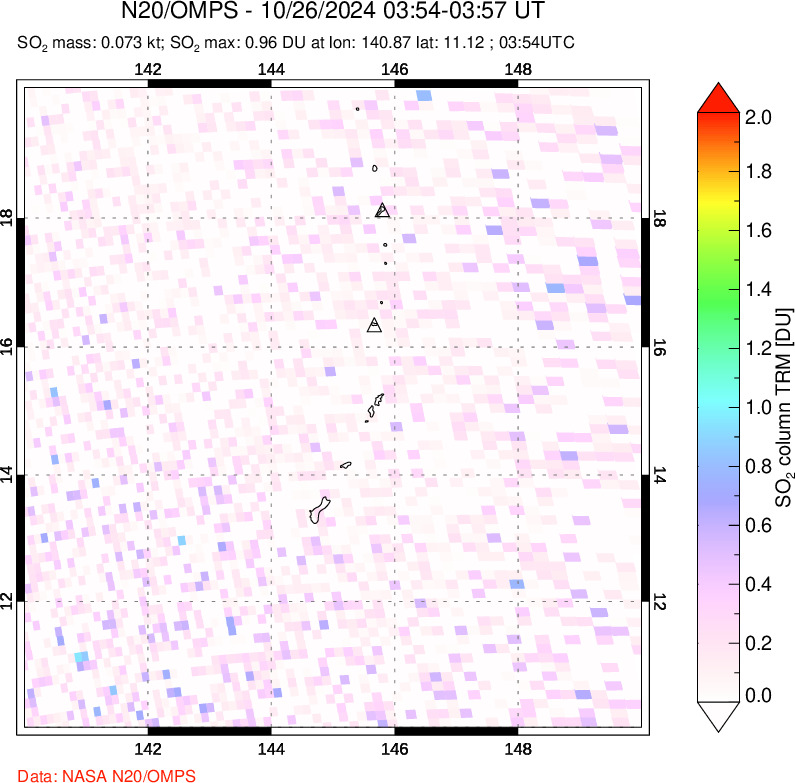 A sulfur dioxide image over Anatahan, Mariana Islands on Oct 26, 2024.