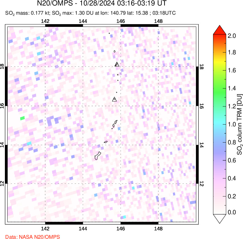 A sulfur dioxide image over Anatahan, Mariana Islands on Oct 28, 2024.