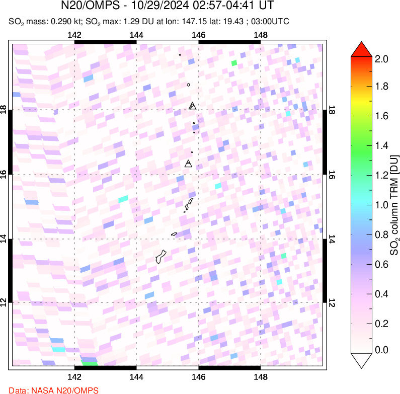 A sulfur dioxide image over Anatahan, Mariana Islands on Oct 29, 2024.