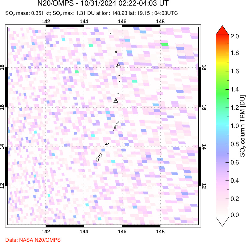 A sulfur dioxide image over Anatahan, Mariana Islands on Oct 31, 2024.