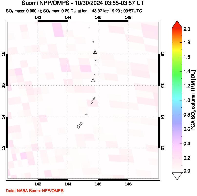 A sulfur dioxide image over Anatahan, Mariana Islands on Oct 30, 2024.