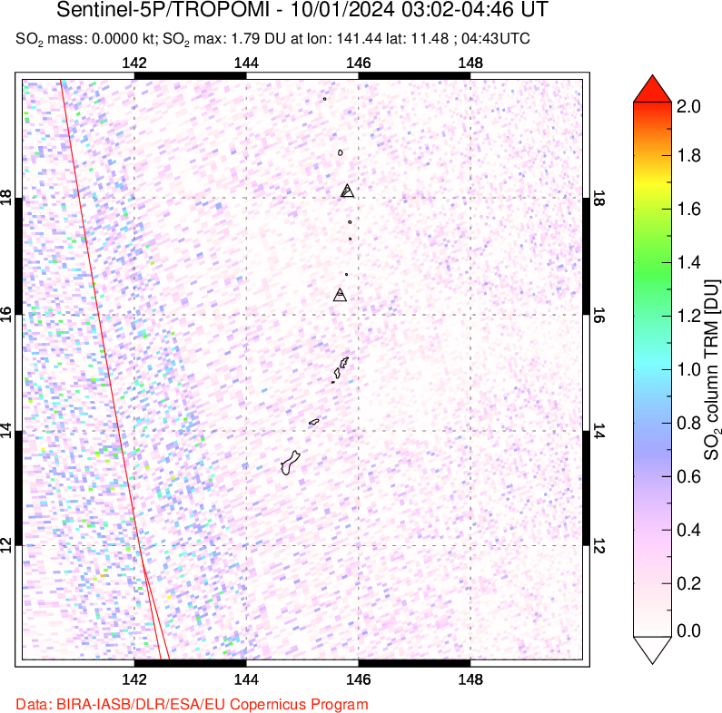 A sulfur dioxide image over Anatahan, Mariana Islands on Oct 01, 2024.