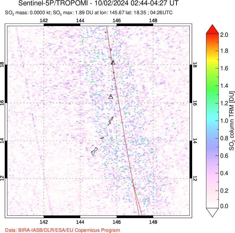 A sulfur dioxide image over Anatahan, Mariana Islands on Oct 02, 2024.