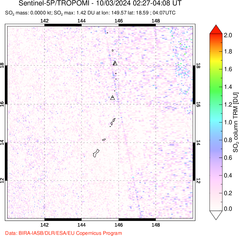 A sulfur dioxide image over Anatahan, Mariana Islands on Oct 03, 2024.