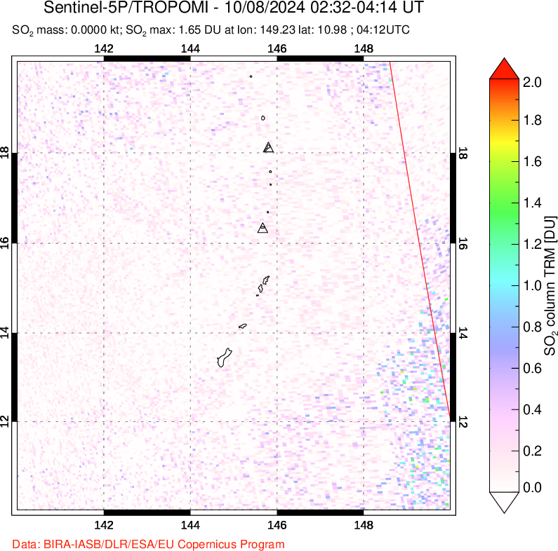 A sulfur dioxide image over Anatahan, Mariana Islands on Oct 08, 2024.