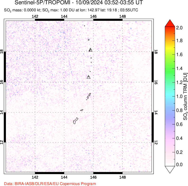 A sulfur dioxide image over Anatahan, Mariana Islands on Oct 09, 2024.