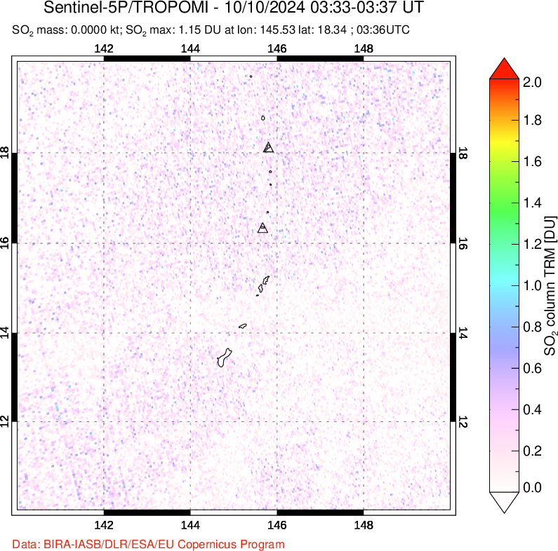 A sulfur dioxide image over Anatahan, Mariana Islands on Oct 10, 2024.